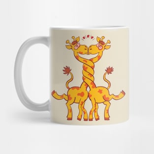 Sweet couple of giraffes intertwining necks and kissing Mug